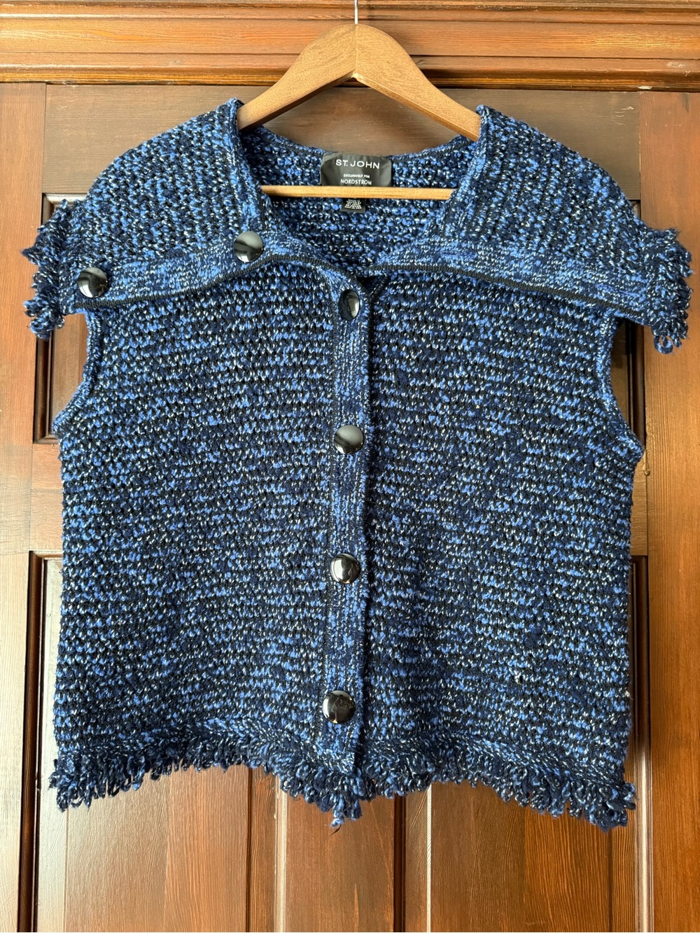 St. John Navy & Black Tweed Knit Sleeveless Cardigan